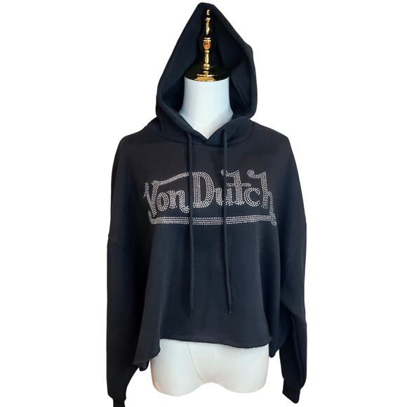 Van Dutch Tops - Van Dutch Black Cropped Hoodie with Rhinestone Logo on Front Size Med NWT.